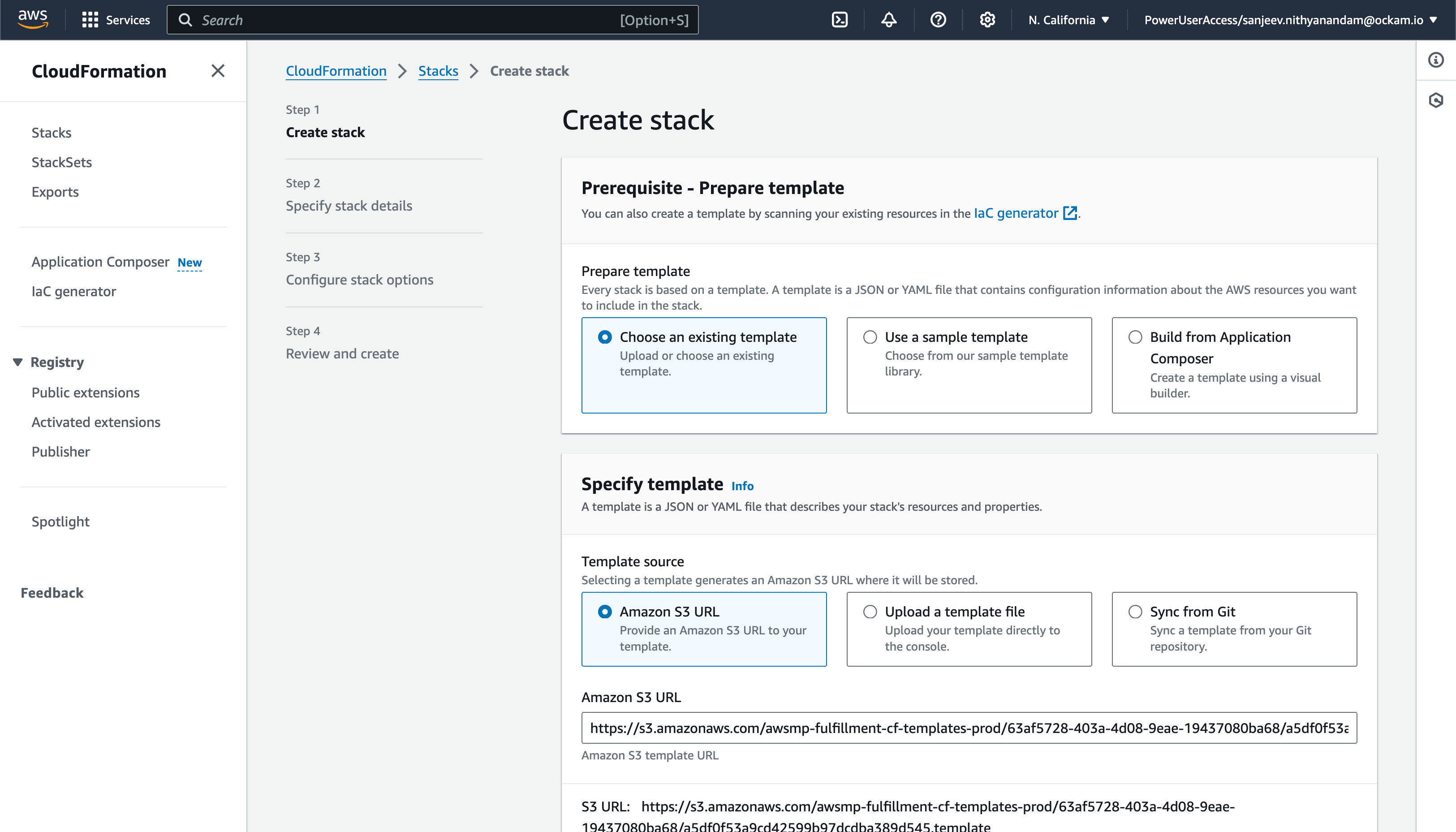 Ockam node for Amazon RDS - create stack screen